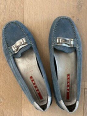 PRADA Linea Rossa Blue Suede Driving Loafers - Silver Hardware - Size 37